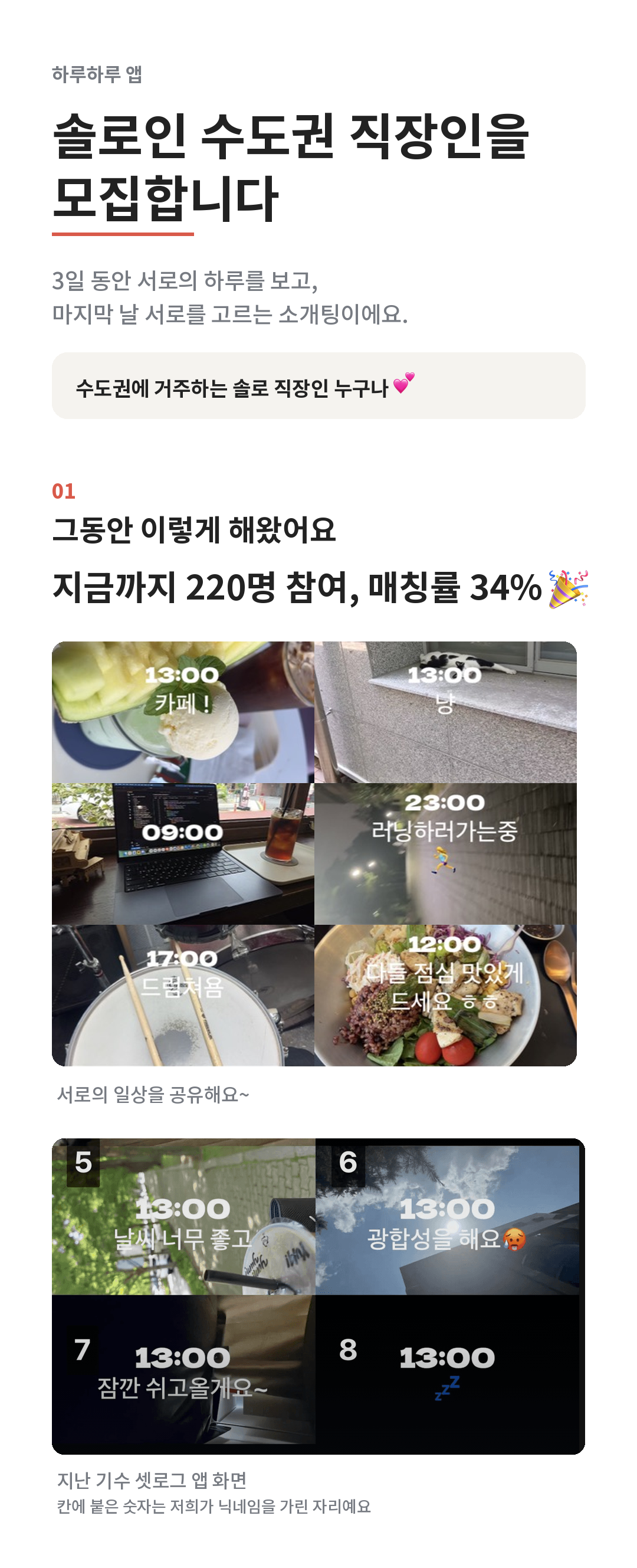 솔로인 수도권 직장인을 모집합니다. 지금까지 220명 참여, 매칭률 34%